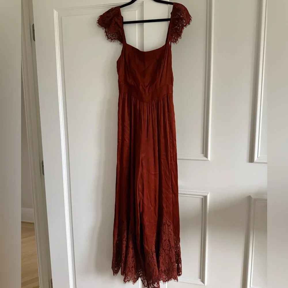 By Anthropologie Lace Mix Jumpsuit red rusty brown 2 - Picture 10 of 10